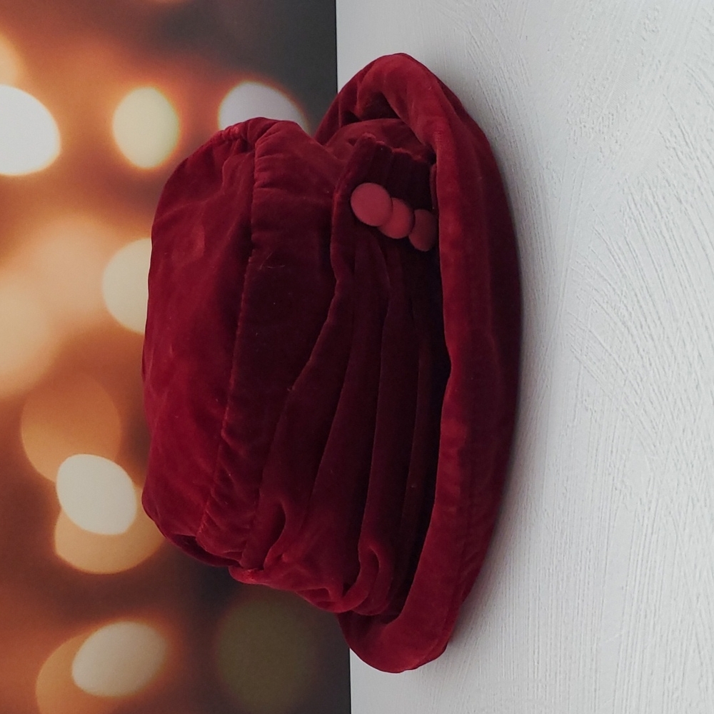 Deep burgundy maroon velvety bucket hat pleated detail button embellished